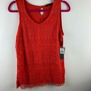 Dex Size Medium Womans Top Orange Lace Over Lay Sleeveless Scoop Neck